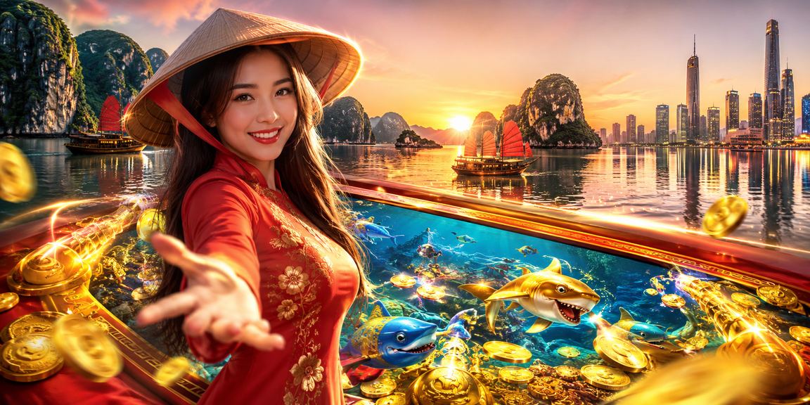 Phong cảnh Hạ Long Bay với hình ảnh người chơi game trực tuyến đội nón lá truyền thống Việt Nam