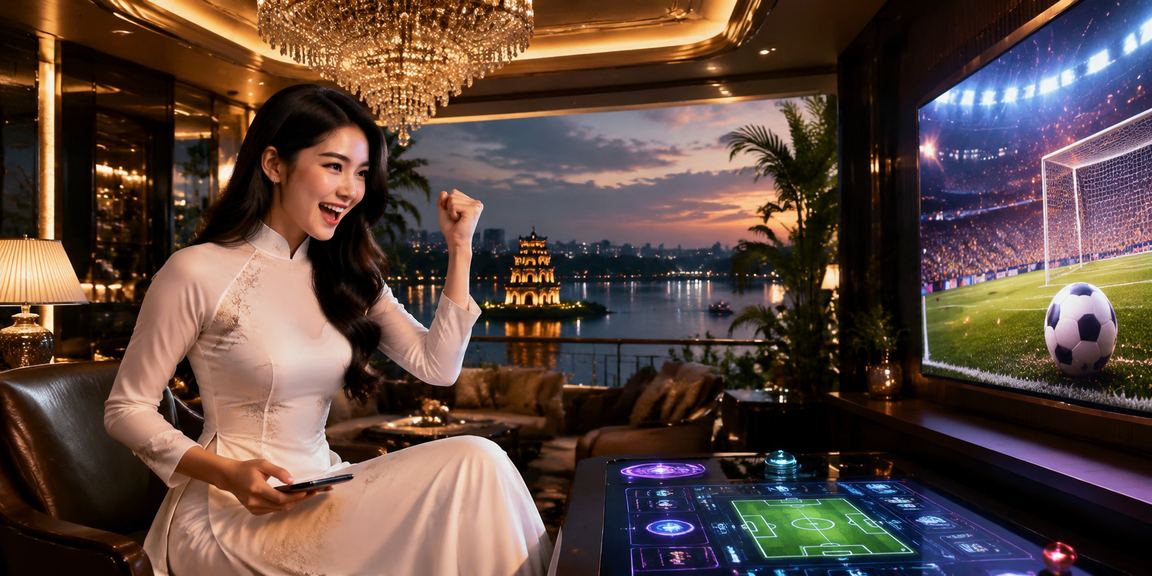 Người chơi cá cược esports tại Hà Nội với trang phục áo dài truyền thống và màn hình gaming