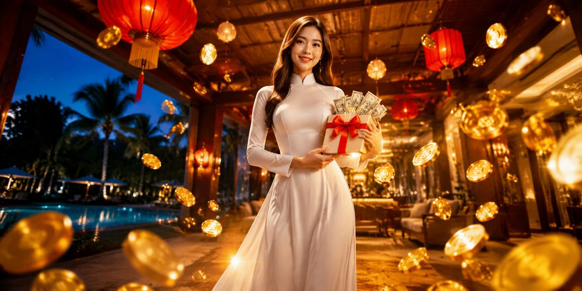 Người phụ nữ mặc áo dài tại Hội An theo dõi kết quả cá cược trên điện thoại giữa phố đèn lồng