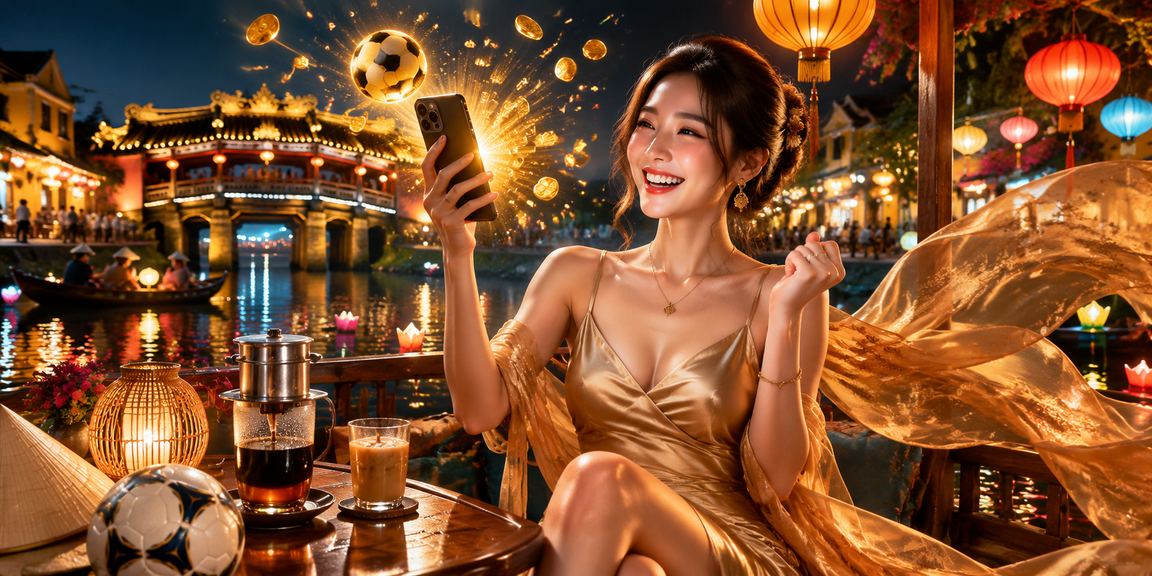 Người dùng tại Hội An theo dõi kèo bóng đá trực tuyến trên điện thoại bên cạnh tách cà phê